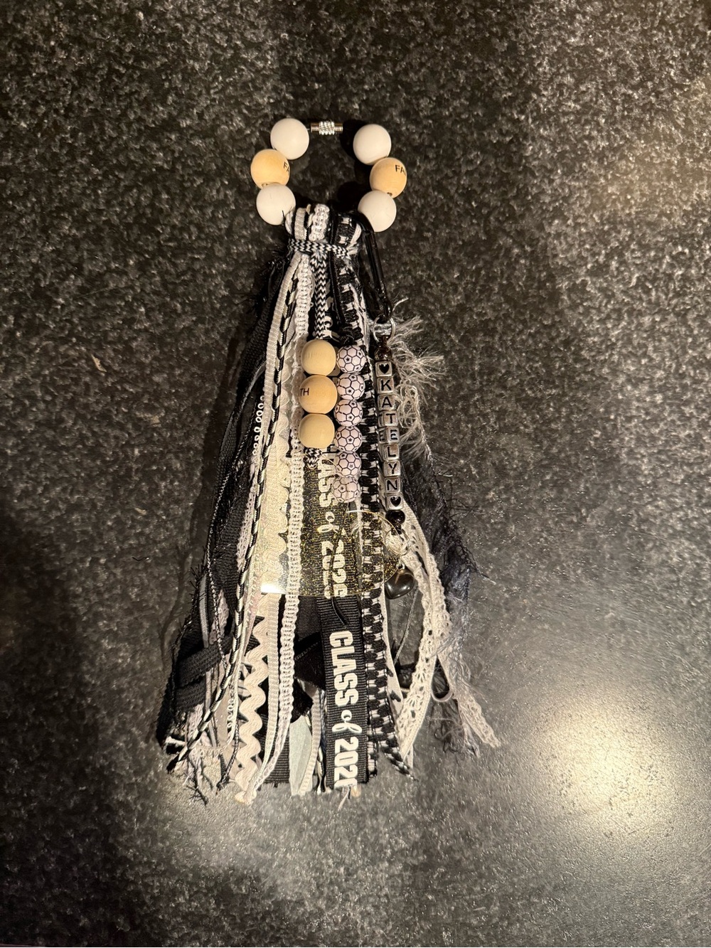 Class of 2026 Black & White Tassel Keyring with Bead Details